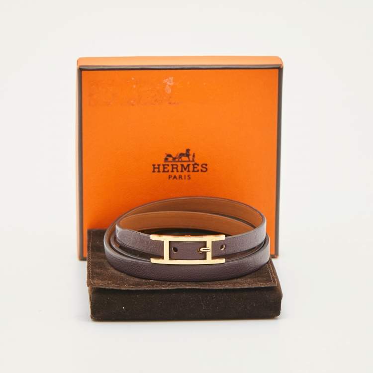 Pre Owned Hermes  Hapi 3 Grand Wrap Leather Gold Plated  Triple Tour Wrap Bracelet 