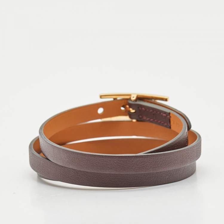 Pre Owned Hermes  Hapi 3 Grand Wrap Leather Gold Plated  Triple Tour Wrap Bracelet 