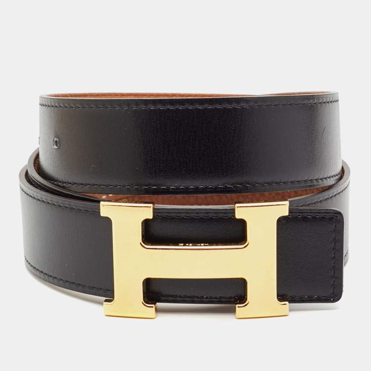 Pre Owned Hermes Gold/Black Epsom and Box Leather H Buckle Reversible Belt 85CM