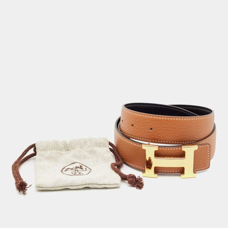 Pre Owned Hermes Gold/Black Epsom and Box Leather H Buckle Reversible Belt 85CM