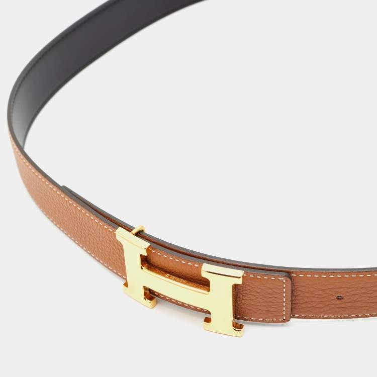 Pre Owned Hermes Gold/Black Epsom and Box Leather H Buckle Reversible Belt 85CM