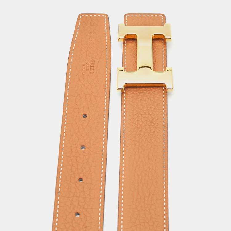 Pre Owned Hermes Gold/Black Epsom and Box Leather H Buckle Reversible Belt 85CM