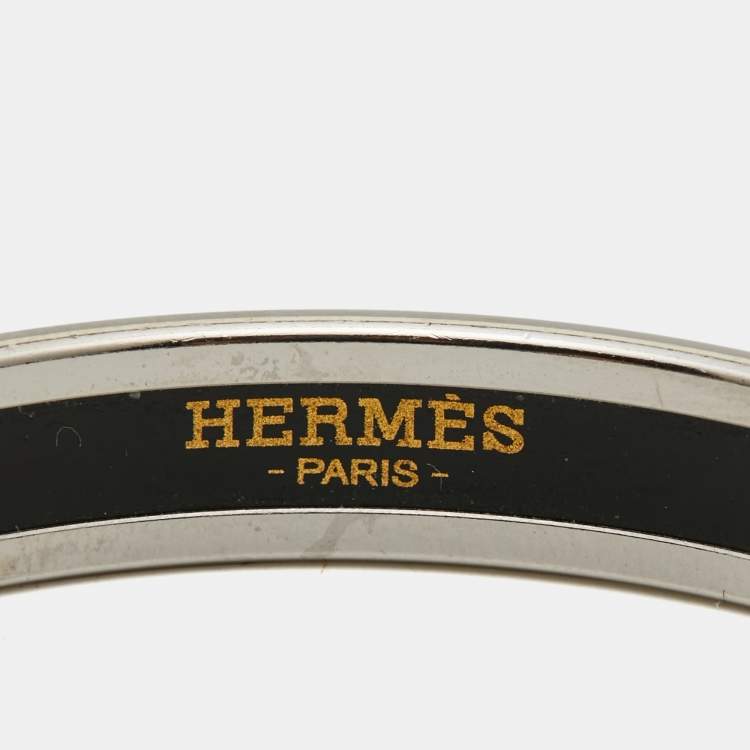 Pre Owned Hermes Caleche Enamel Palladium Plated Narrow Bangle Bracelet