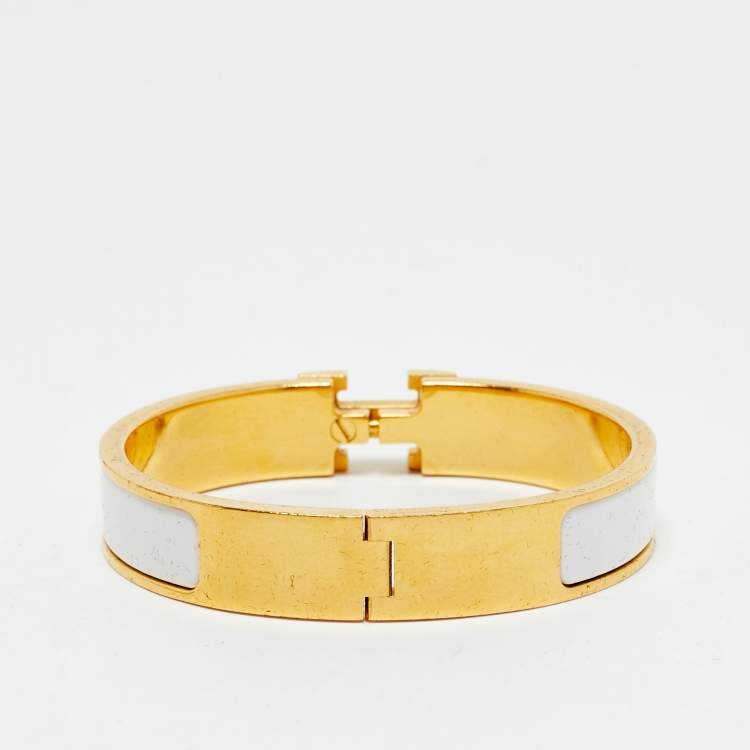 Pre Owned Hermès Clic H White Enamel Gold Plated Bracelet
