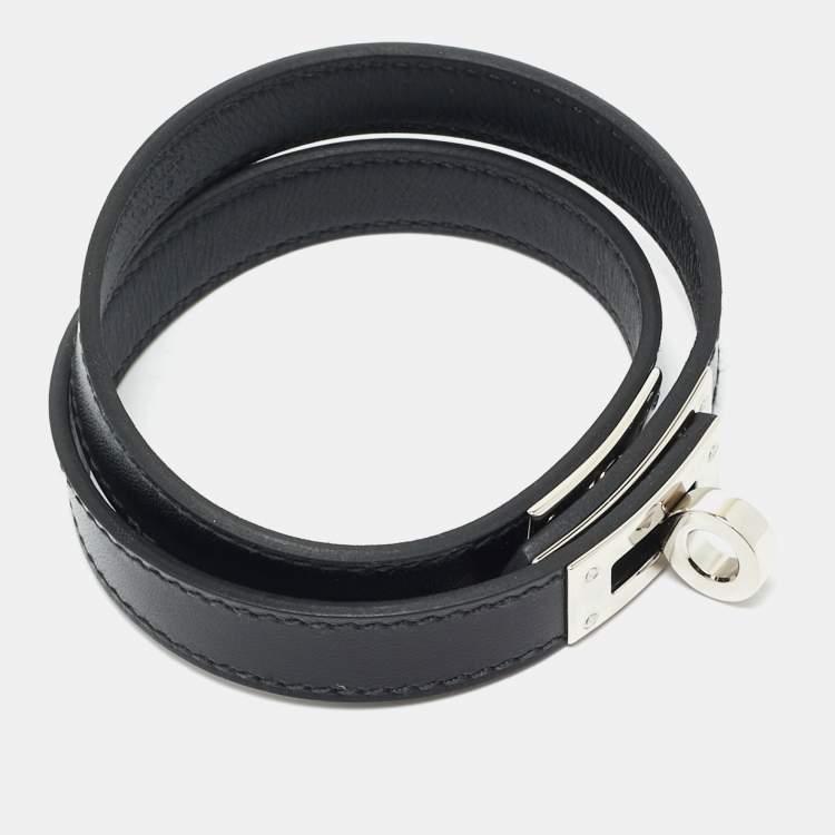 Pre Owned Hermès Kelly Double Leather Palladium Plated Double Wrap Bracelet