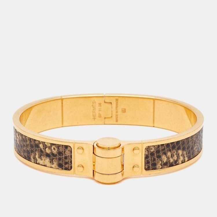 Pre Owned Hermes Lizard Skin Gold Plated Narrow Hinged Bangle Bracelet