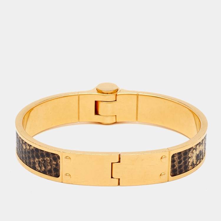 Pre Owned Hermes Lizard Skin Gold Plated Narrow Hinged Bangle Bracelet