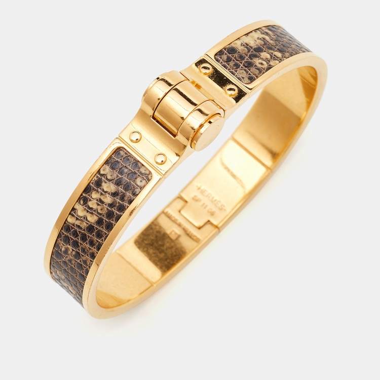 Pre Owned Hermes Lizard Skin Gold Plated Narrow Hinged Bangle Bracelet
