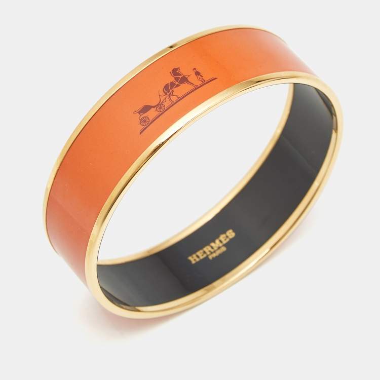 Pre Owned Hermes Caleche Orange Enamel Gold Plated Bracelet