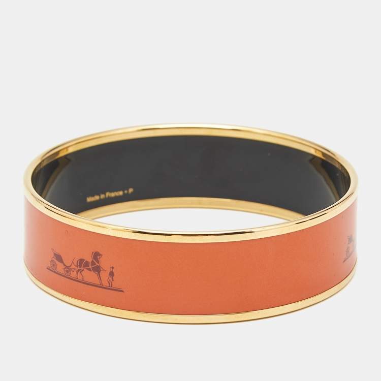 Pre Owned Hermes Caleche Orange Enamel Gold Plated Bracelet