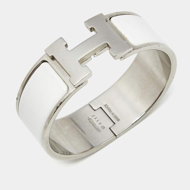 Pre Owned Hermes Clic Clac H White Enamel Palladium Plated Bracelet 