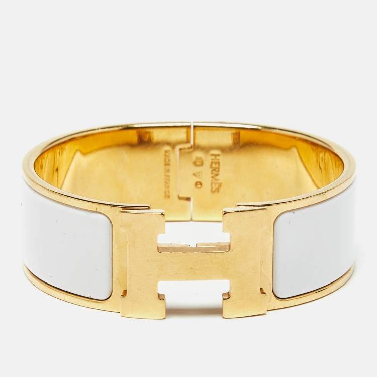 Pre Owned Hermès Clic Clac H White Enamel Gold Plated Bracelet