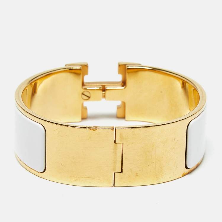 Pre Owned Hermès Clic Clac H White Enamel Gold Plated Bracelet
