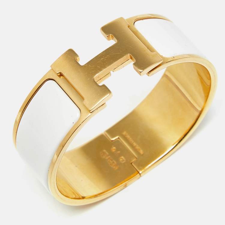 Pre Owned Hermès Clic Clac H White Enamel Gold Plated Bracelet
