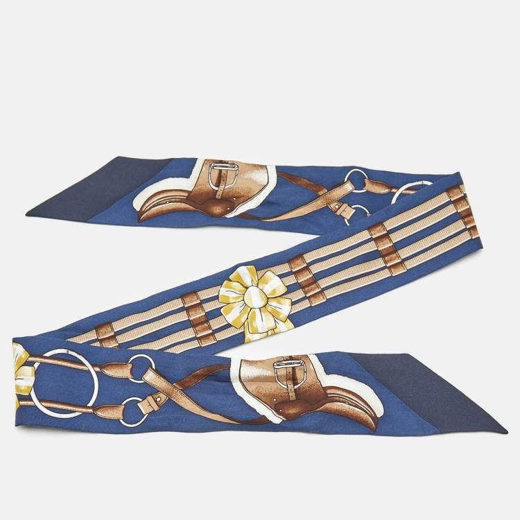 Pre Owned Hermes Marine Blue Printed Silk Jumping Twilly 