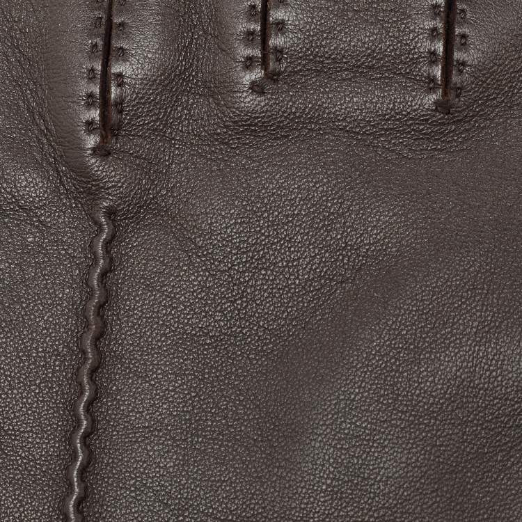Pre Owned Hermes Dark Brown Leather Clou de Selle II Gloves Size 8