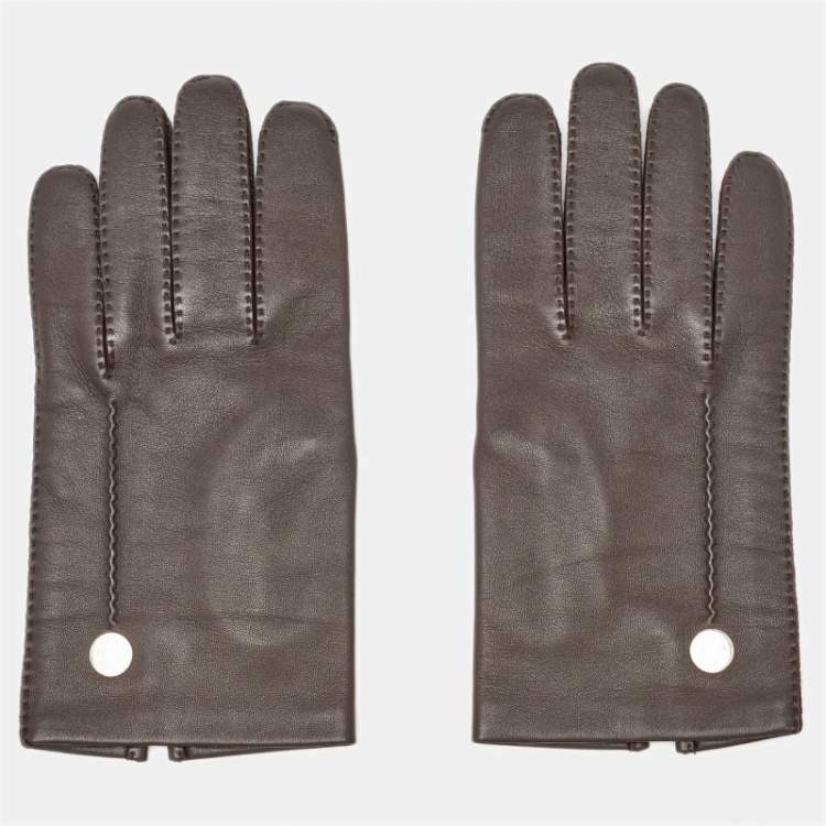 Pre Owned Hermes Dark Brown Leather Clou de Selle II Gloves Size 8