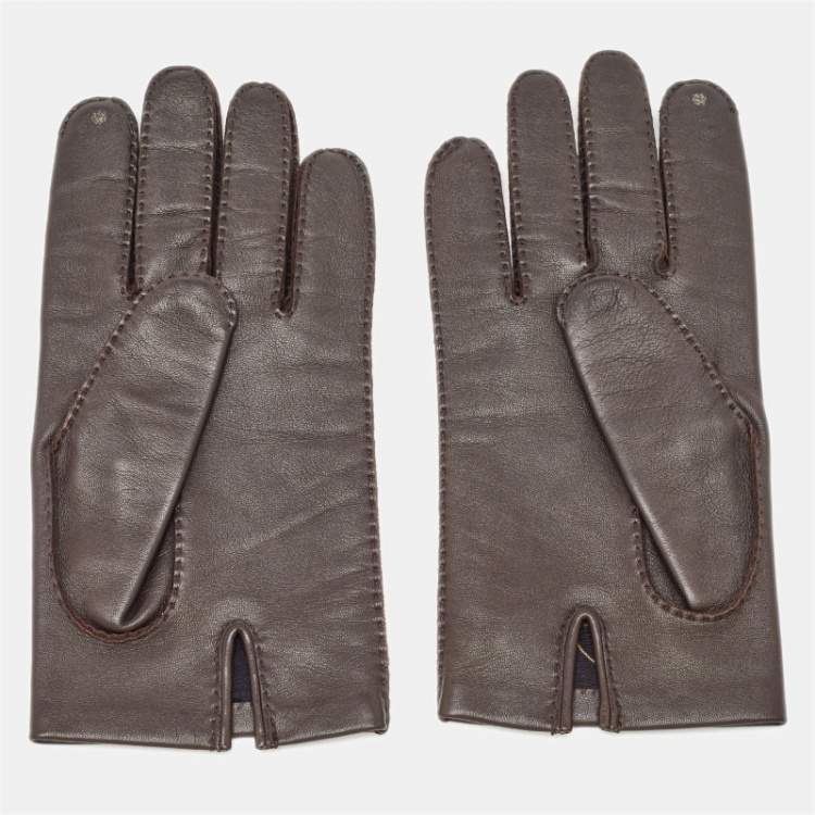 Pre Owned Hermes Dark Brown Leather Clou de Selle II Gloves Size 8