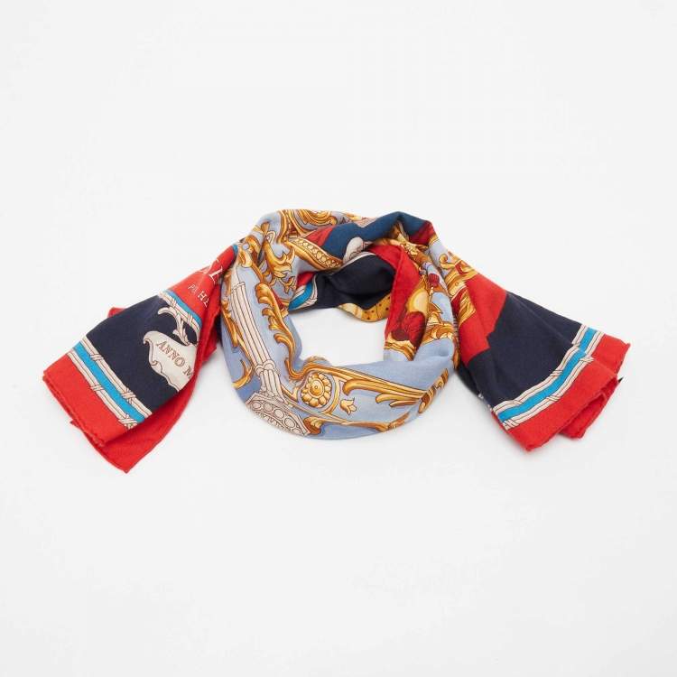Pre Owned Hermès Navy Blue Printed Cashmere Blend Grand Carrosse Pour Un Ambassadeur Shawl