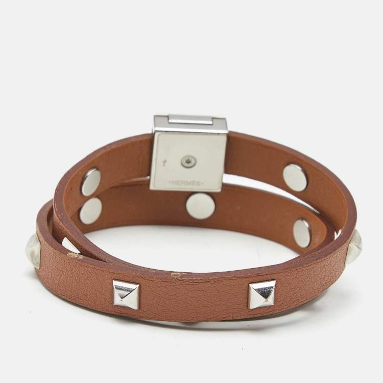 Pre Owned Hermès Medor Infini Brown Leather Silver Tone Wrap Bracelet