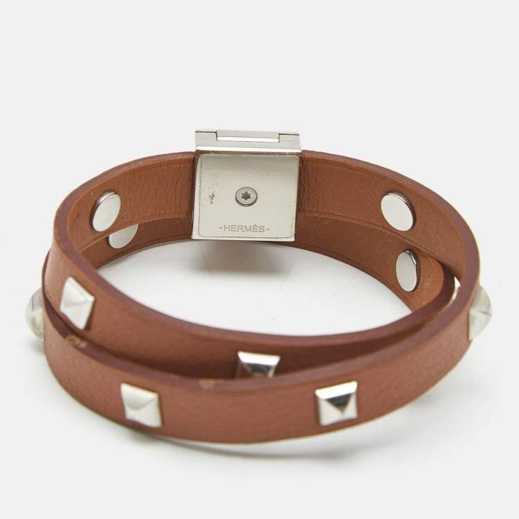 Pre Owned Hermès Medor Infini Brown Leather Silver Tone Wrap Bracelet