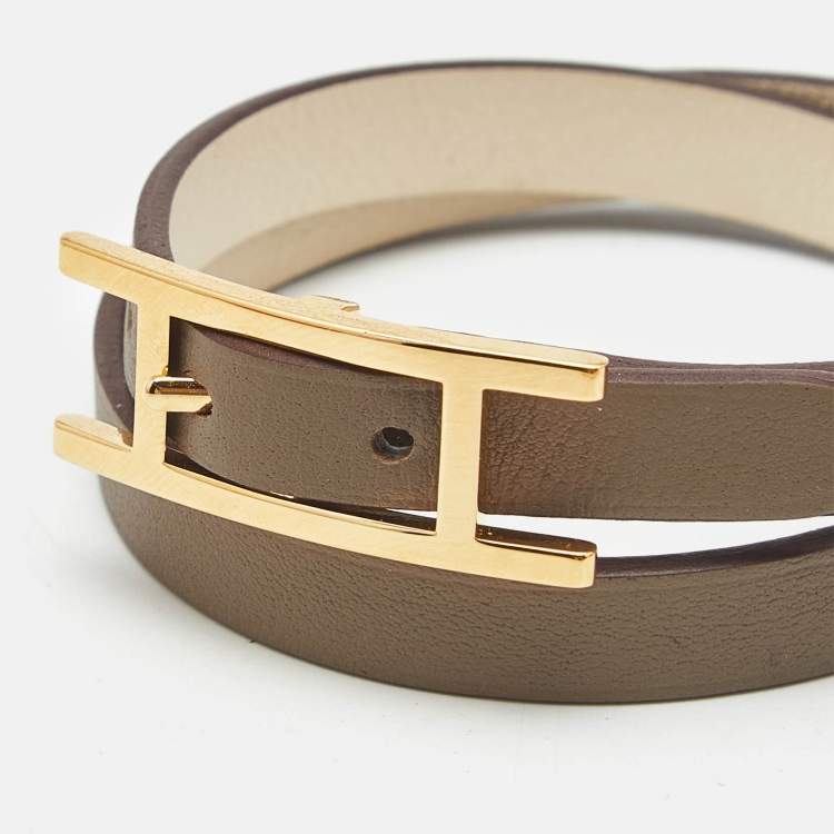 Pre Owned Hermès Hapi 3 Leather Gold Plated Wrap Bracelet 