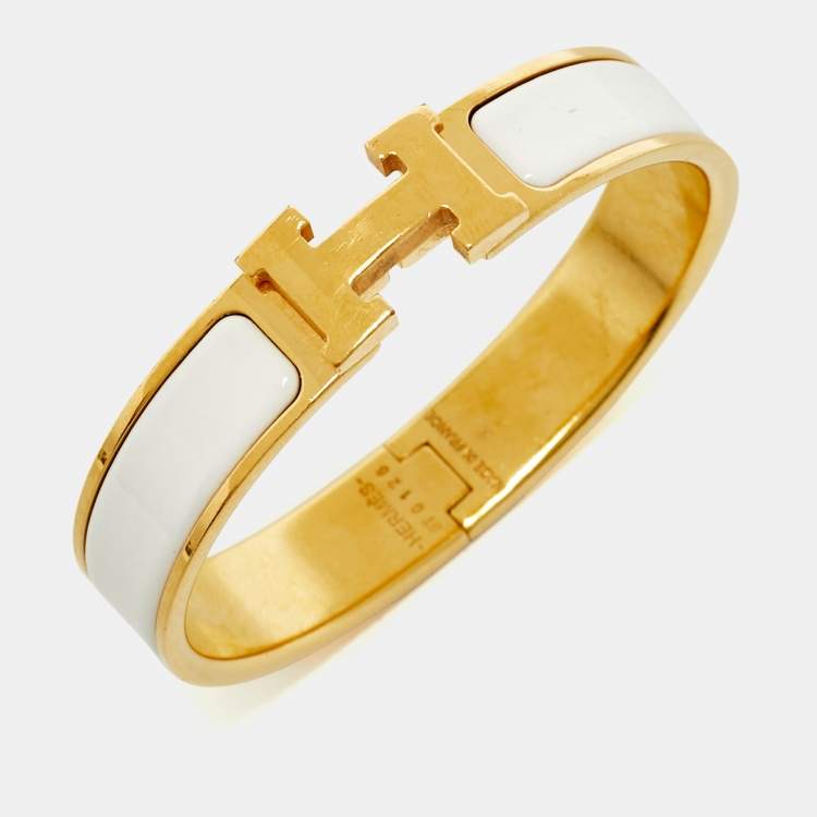 Pre Owned Hermès Clic H White Enamel Gold Plated Bracelet