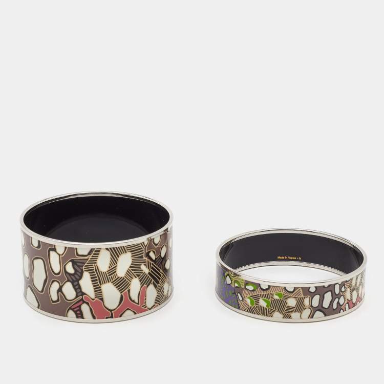 Pre Owned Hermès Printed Enamel Palladium Plated Set of 2 Bangle Bracelet