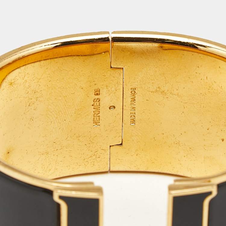 Pre Owned Hermès Clic Clac H Black Enamel Gold Plated Extra Wide Bracelet