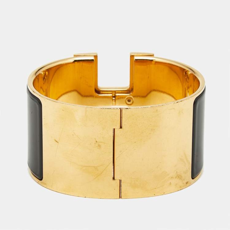 Pre Owned Hermès Clic Clac H Black Enamel Gold Plated Extra Wide Bracelet