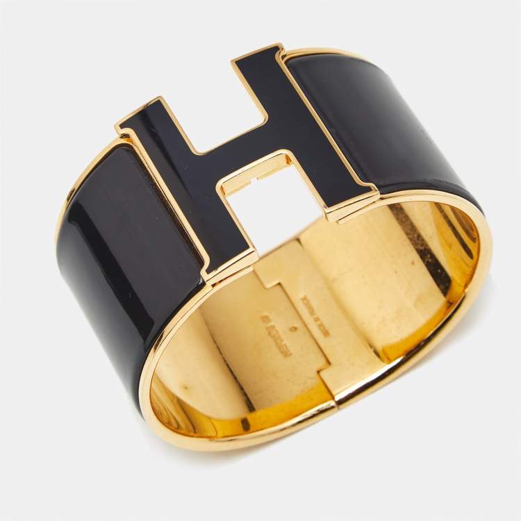 Pre Owned Hermès Clic Clac H Black Enamel Gold Plated Extra Wide Bracelet