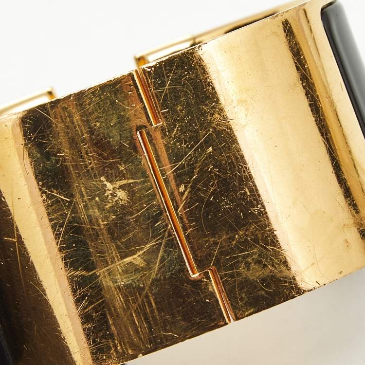 Pre Owned Hermès Clic Clac H Black Enamel Gold Plated Extra Wide Bracelet
