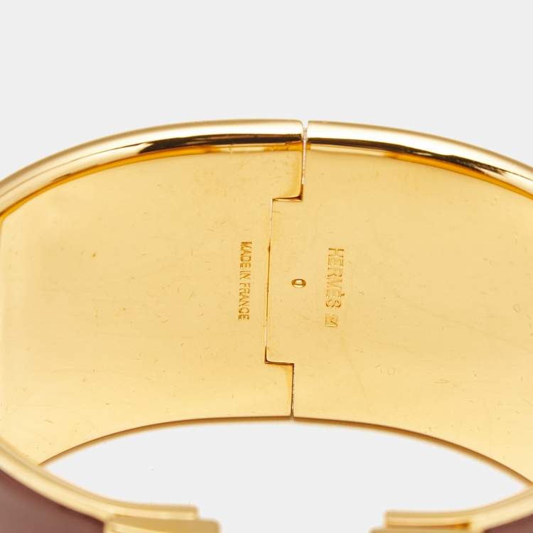 Pre Owned Hermès Clic Clac H Brown Enamel Gold Plated Extra Wide Bracelet