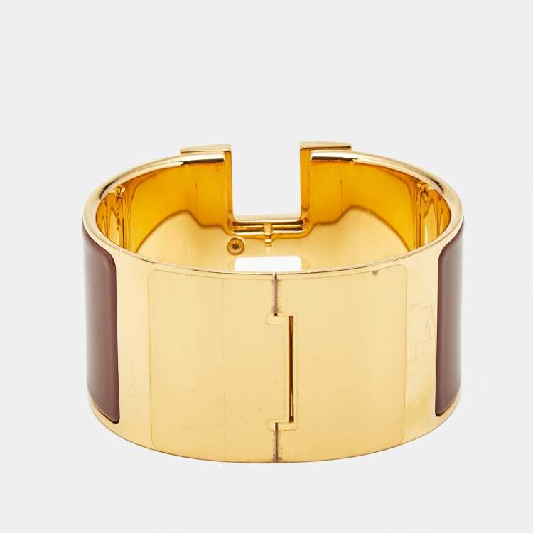 Pre Owned Hermès Clic Clac H Brown Enamel Gold Plated Extra Wide Bracelet