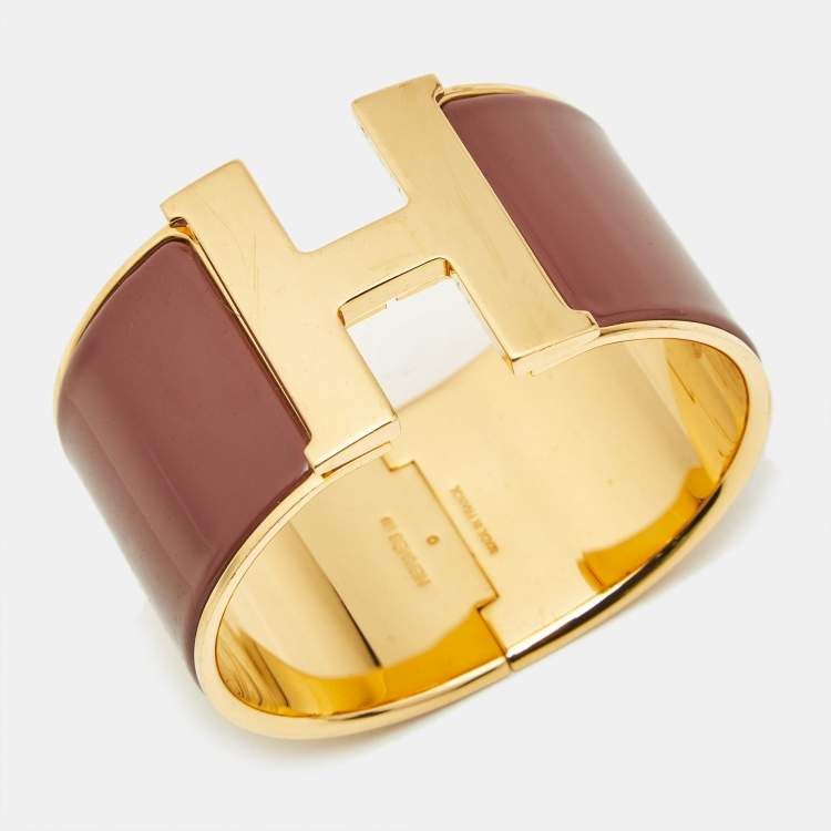 Pre Owned Hermès Clic Clac H Brown Enamel Gold Plated Extra Wide Bracelet