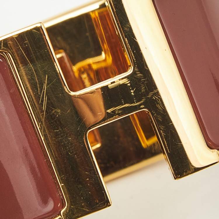Pre Owned Hermès Clic Clac H Brown Enamel Gold Plated Extra Wide Bracelet