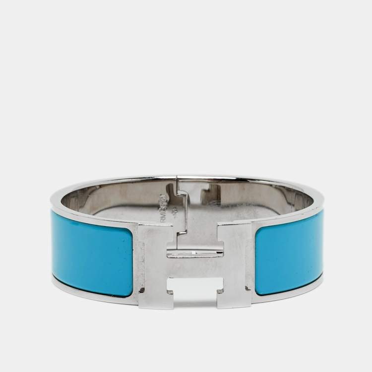 Pre Owned Hermes Clic Clac H Enamel Palladium Plated Wide Bracelet