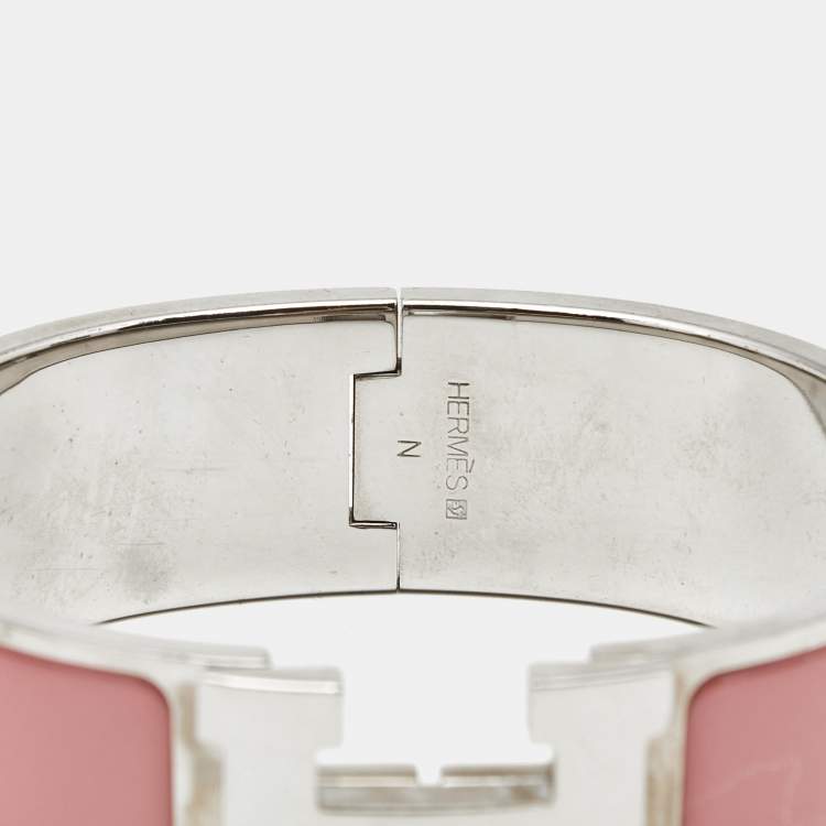 Pre Owned Hermès Clic Clac H Pink Enamel Palladium Plated Wide Bracelet