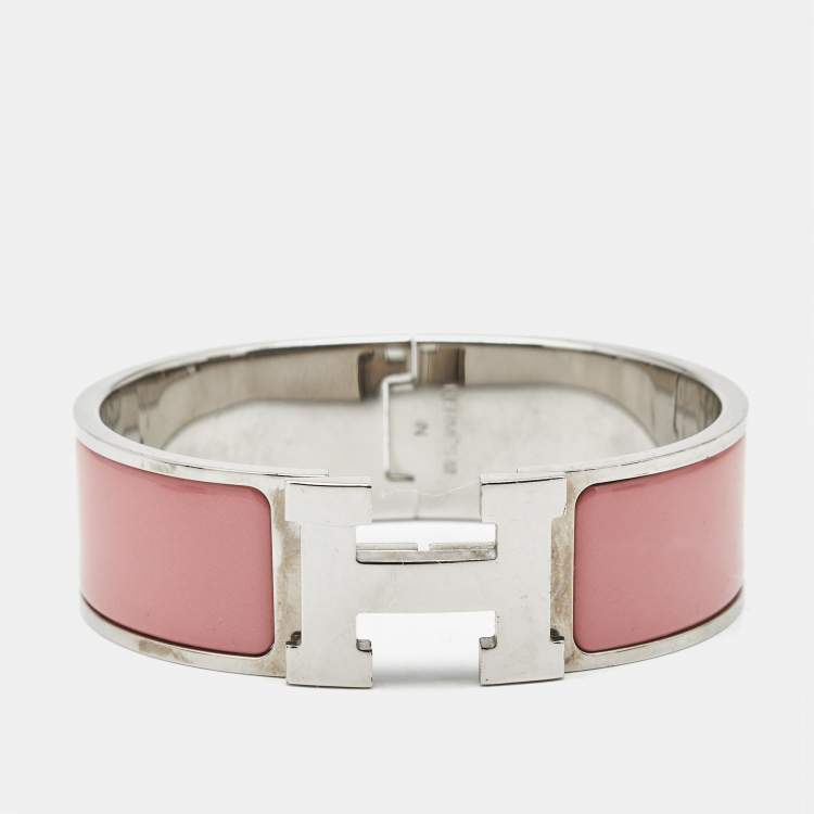 Pre Owned Hermès Clic Clac H Pink Enamel Palladium Plated Wide Bracelet