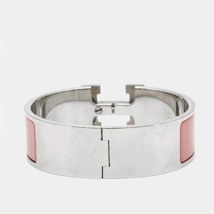 Pre Owned Hermès Clic Clac H Pink Enamel Palladium Plated Wide Bracelet