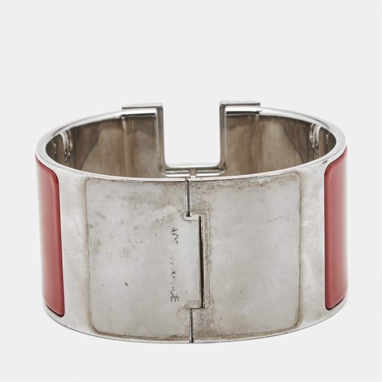 Pre Owned Hermès Clic Clac H Red Enamel Palladium Plated Extra Wide Bracelet