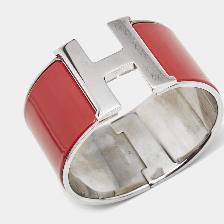 Pre Owned Hermès Clic Clac H Red Enamel Palladium Plated Extra Wide Bracelet