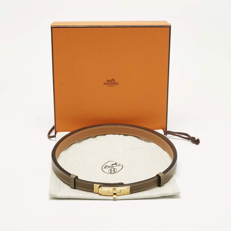 Pre Owned Hermes Etoupe Epsom Leather Gold Finish Kelly 18 Adjustable Belt