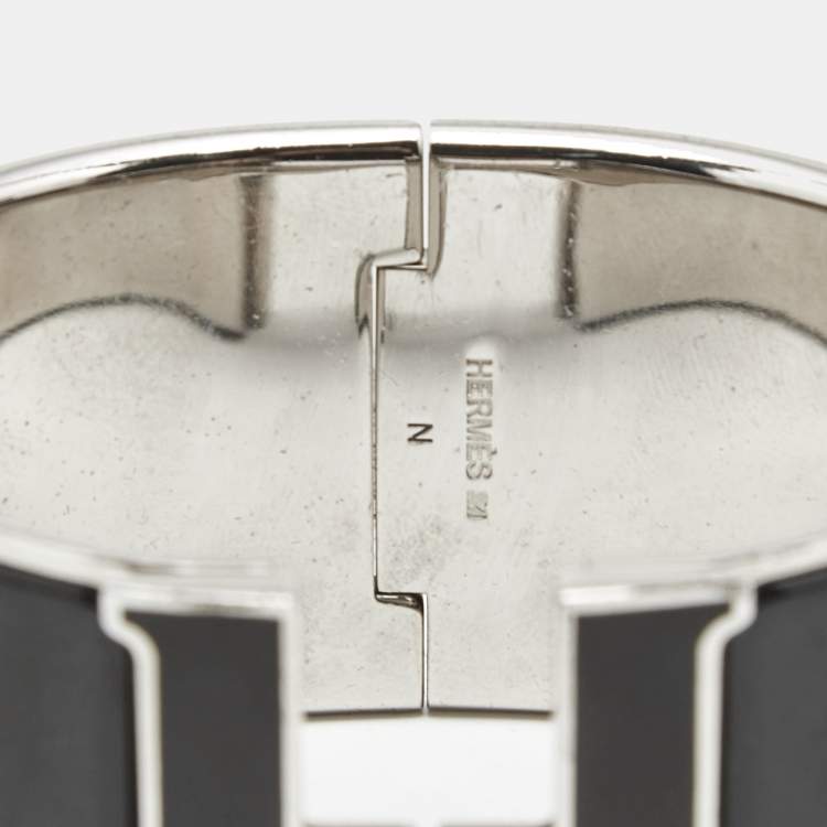 Pre Owned Hermès Clic Clac H Black Enamel Palladium Plated Bracelet
