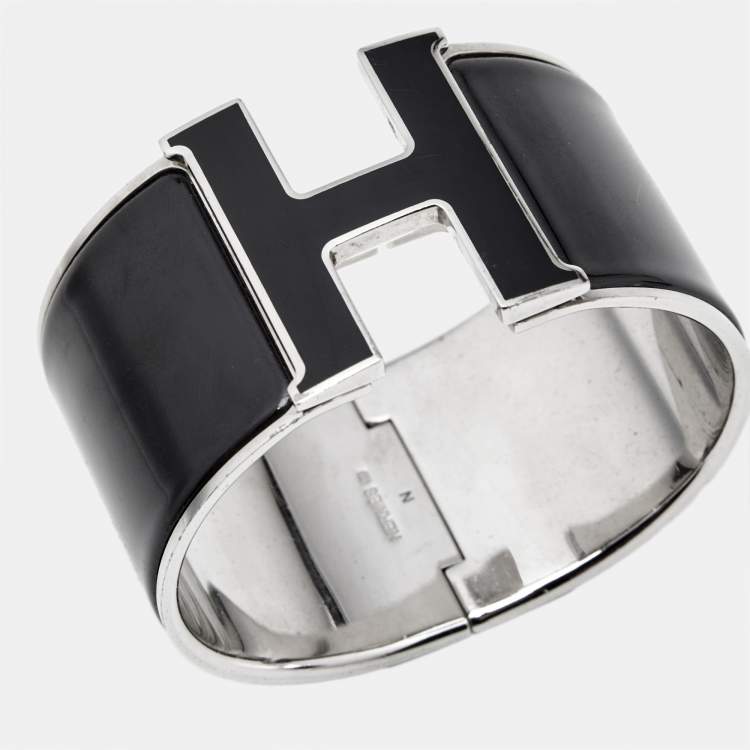 Pre Owned Hermès Clic Clac H Black Enamel Palladium Plated Bracelet