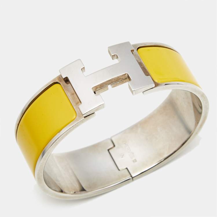 Pre Owned Hermès Clic Clac H Yellow Enamel Palladium Plated Bracelet
