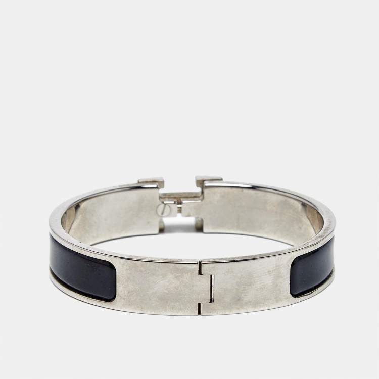 Pre Owned Hermès Clic H Black Enamel Palladium Plated Bracelet