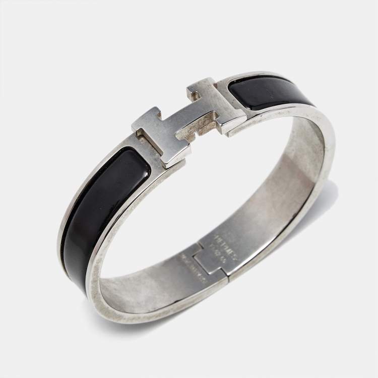 Pre Owned Hermès Clic H Black Enamel Palladium Plated Bracelet