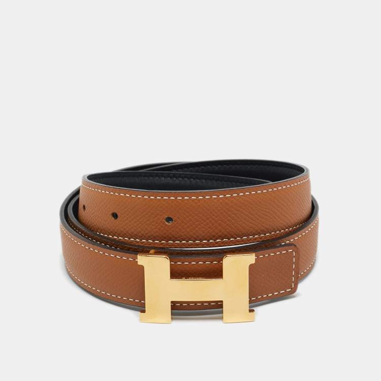 Pre Owned Hermes Gold/Noir Epsom and Swift Leather Constance Reversible Slim Belt 80 CM