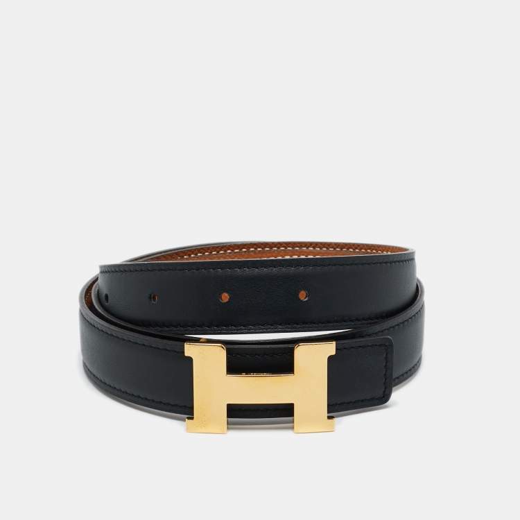 Pre Owned Hermes Gold/Noir Epsom and Swift Leather Constance Reversible Slim Belt 80 CM